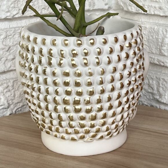 Buddha Head Face Concrete Planter Flower Pot White Gold Hobnail Textured Figural - Picture 7 of 14